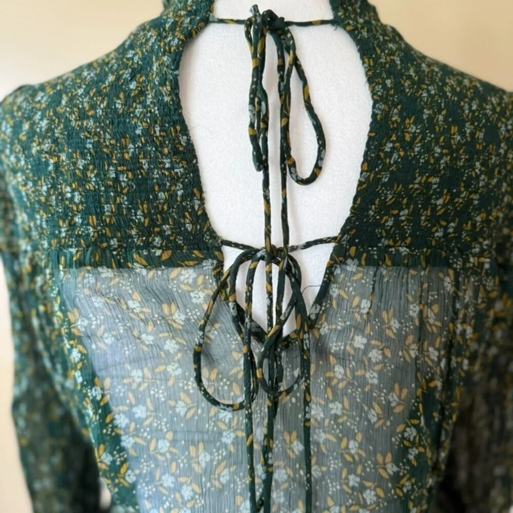 Free People Smocked Floral Roma Blouse in Forest Combo Womens Small Boho Indie